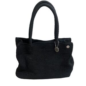 The Sak Black Crochet Tote Bag Women Mid Size Shoulder Bag Knit Handbag Black